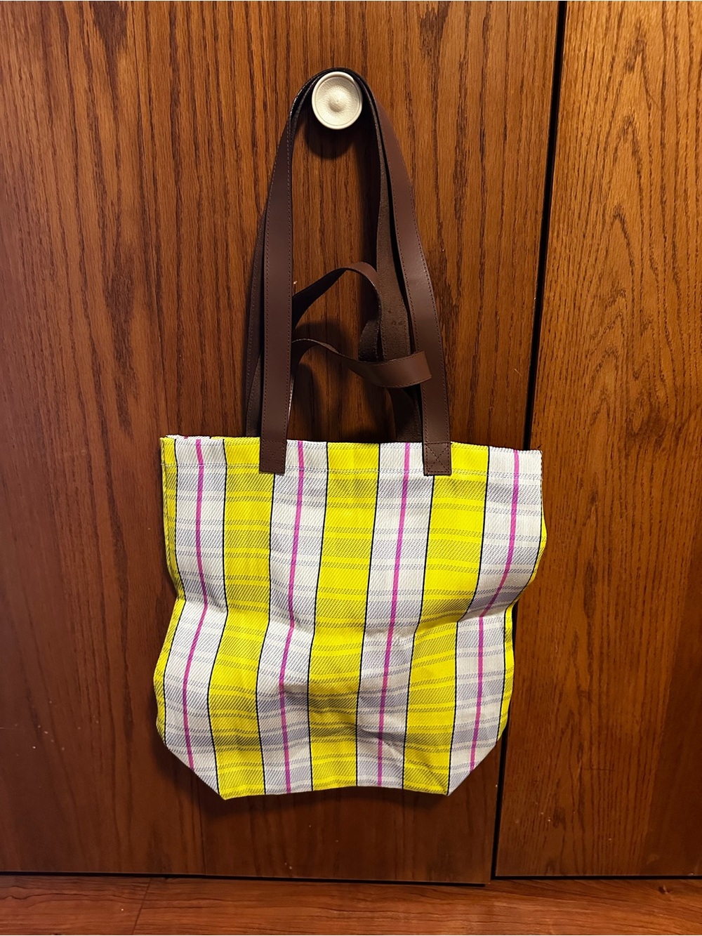 Free People Yellow Stripe Tote with Brown Handles